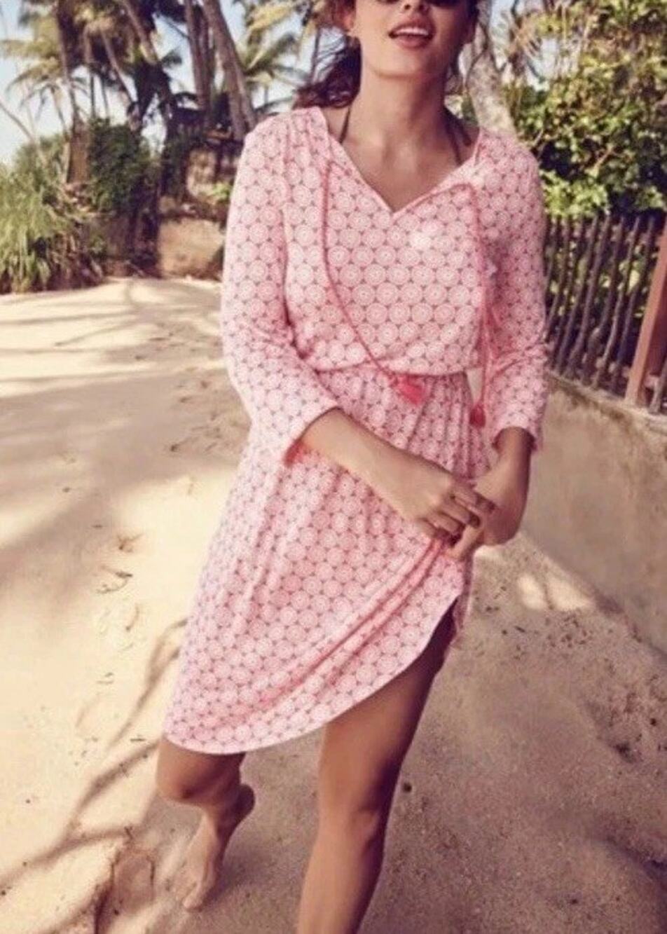 Boden Dress Women’s US 14 R Pullover Coral Print Jersey Knit Linen Blend Soft